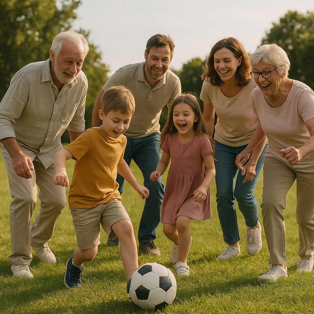 Familia de varias generaciones jugando al fútbol felizmente en un parque.